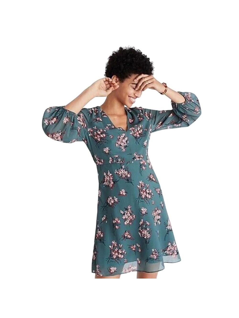 :) Madewell Floral Print Long Sleeve Mini Dress Green Pink Size 12 [COPY]